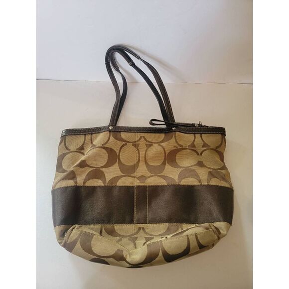 Coach Signature Women's Brown Canvas Leather Trim Top Zip Tote Shoulder Bag - Picture 1 of 9